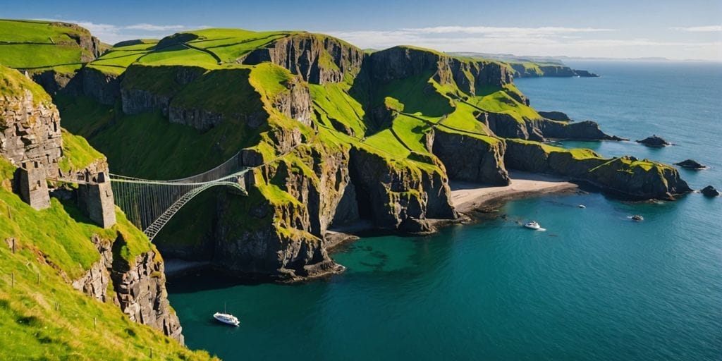 Carrick-a-Rede Rope Bridge over blue sea, including the famous Rope bridge in carrick-a-rede