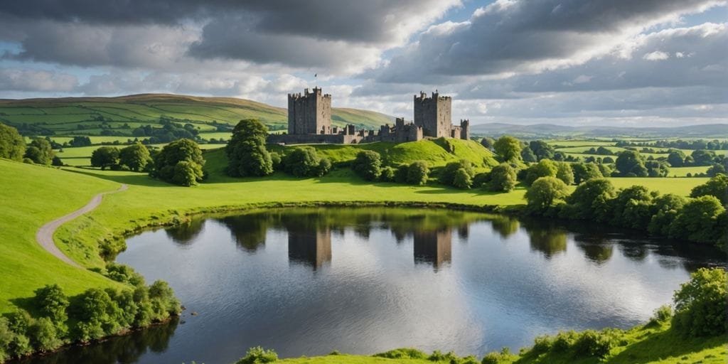 Ireland's green hills and historic stone castle