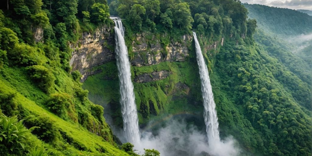 Majestic waterfall in lush green forest