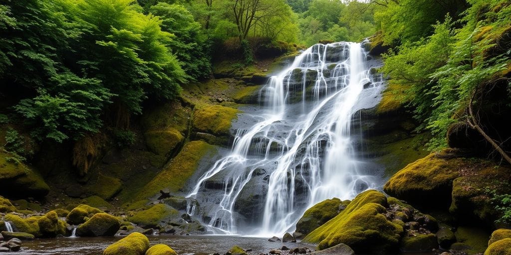 Torc Waterfall in lush green forest