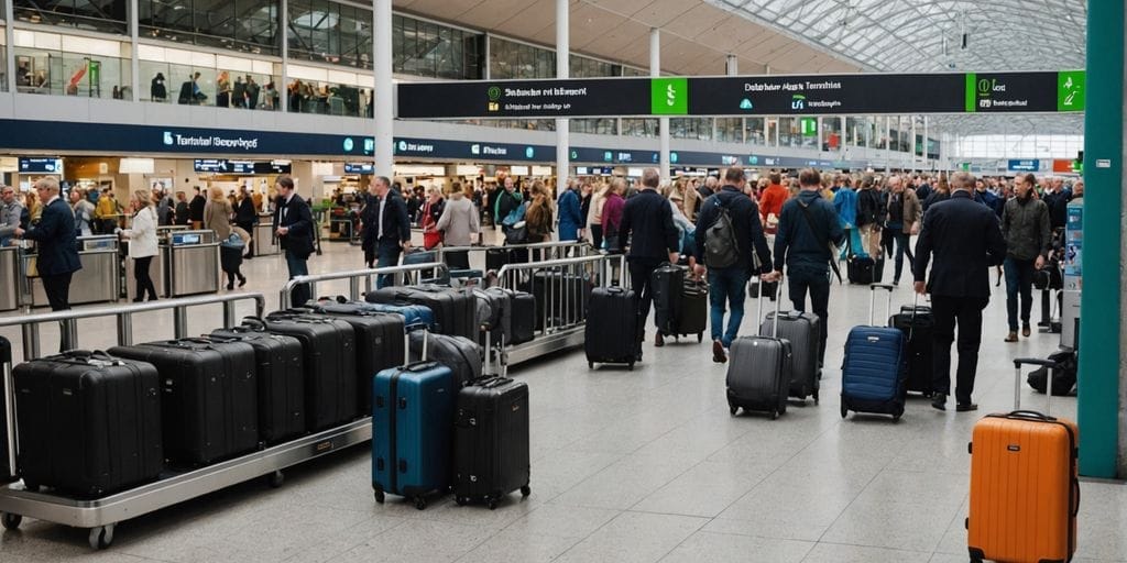 Travelers at Dublin Airport with luggage trolleys