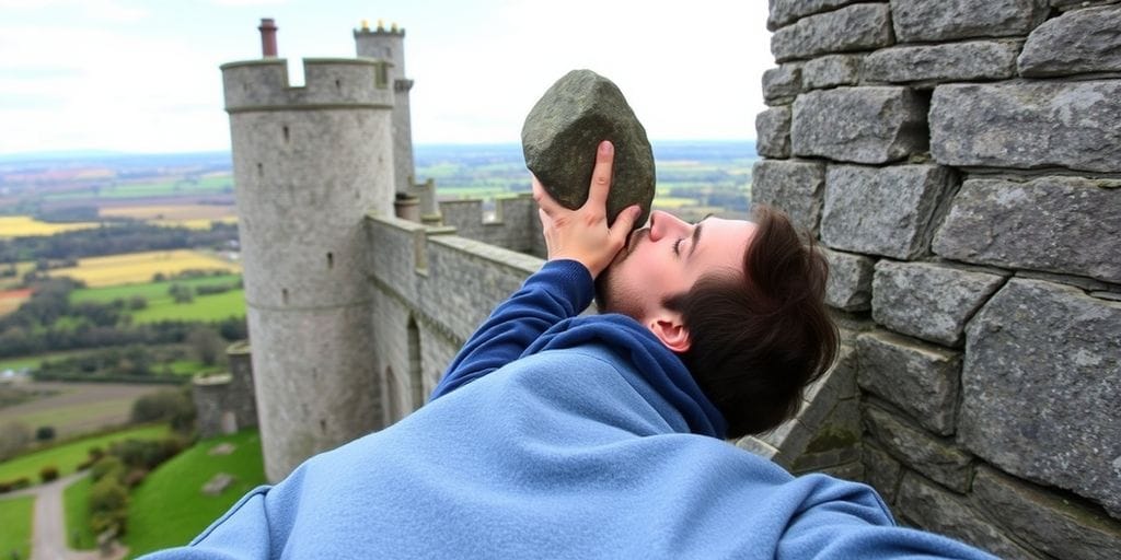 Person kissing the Blarney Stone upside down