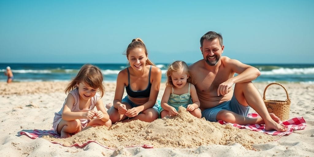 Family enjoying beach day with sandcastles and exploring things to do in westport for families