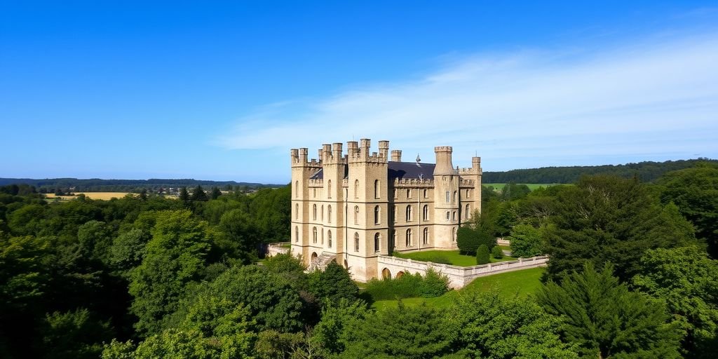 Charleville Castle with lush forest and blue sky