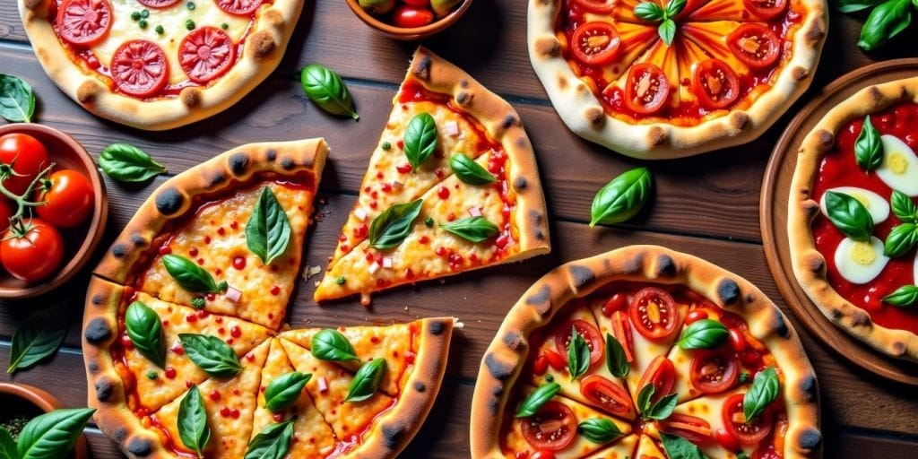 A variety of delicious pizzas on a wooden table.