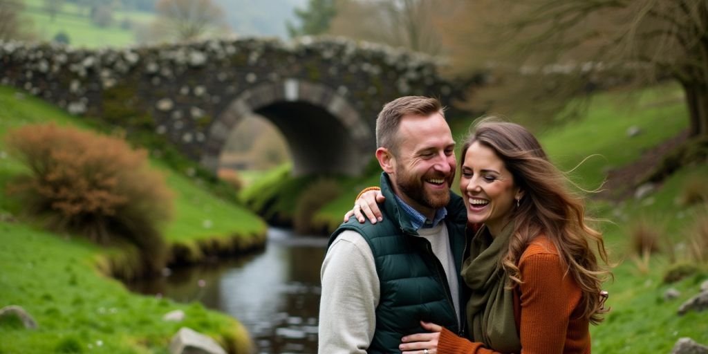 Couple laughing in Irish countryside