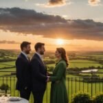 Couple on hotel balcony with scenic view