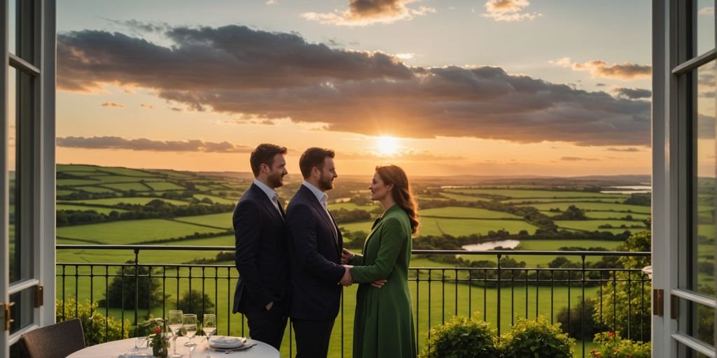 Couple on hotel balcony with scenic view