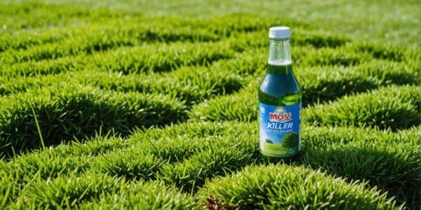 Lawn with moss and moss killer bottle