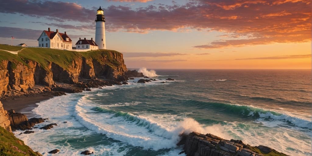 Lighthouse on cliffs at sunset