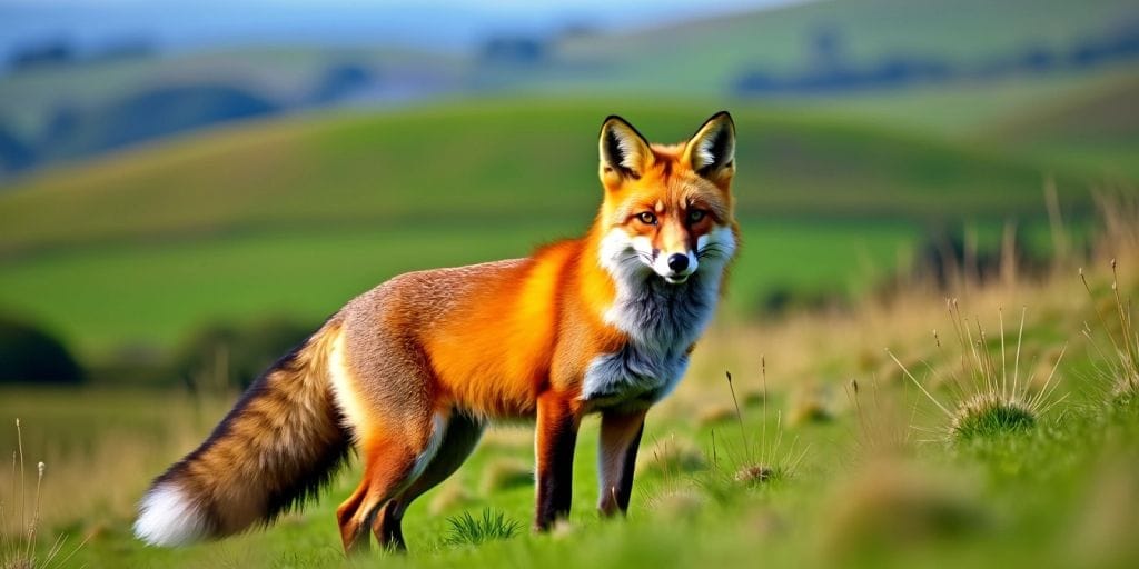 Red fox in a green Irish landscape with hills.