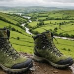 Waterproof hiking boots on a muddy trail