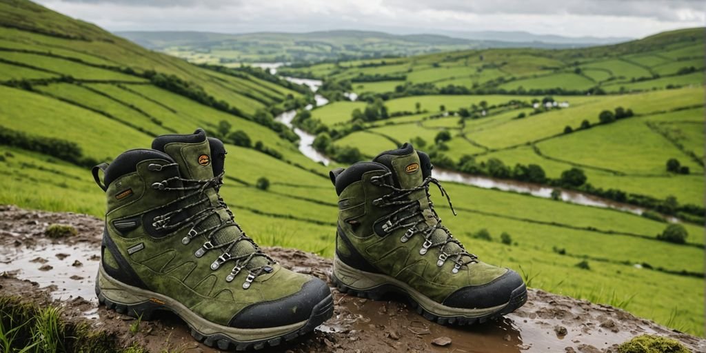 Waterproof hiking boots on a muddy trail