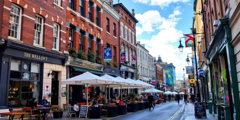Colorful street scene in Belfast with historic buildings. Best Things To do In Belfast