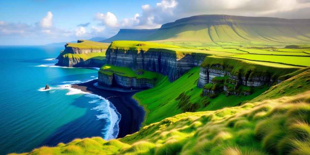 Lush green hills and cliffs of Ireland's coastline.