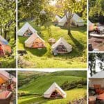 Colorful glamping tents in lush Wicklow landscape.