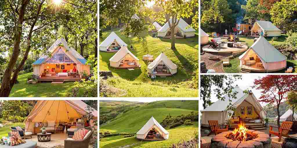 Colorful glamping tents in lush Wicklow landscape.